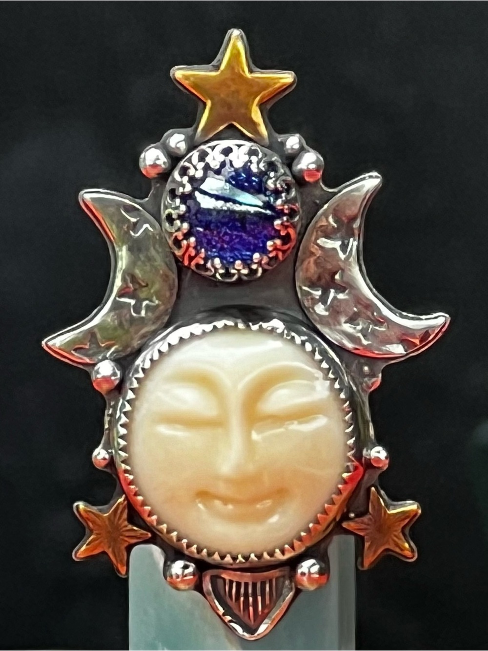 Hand Crafted Artisan Sterling Silver Celestial Moon Face Dichroic Glass Ring